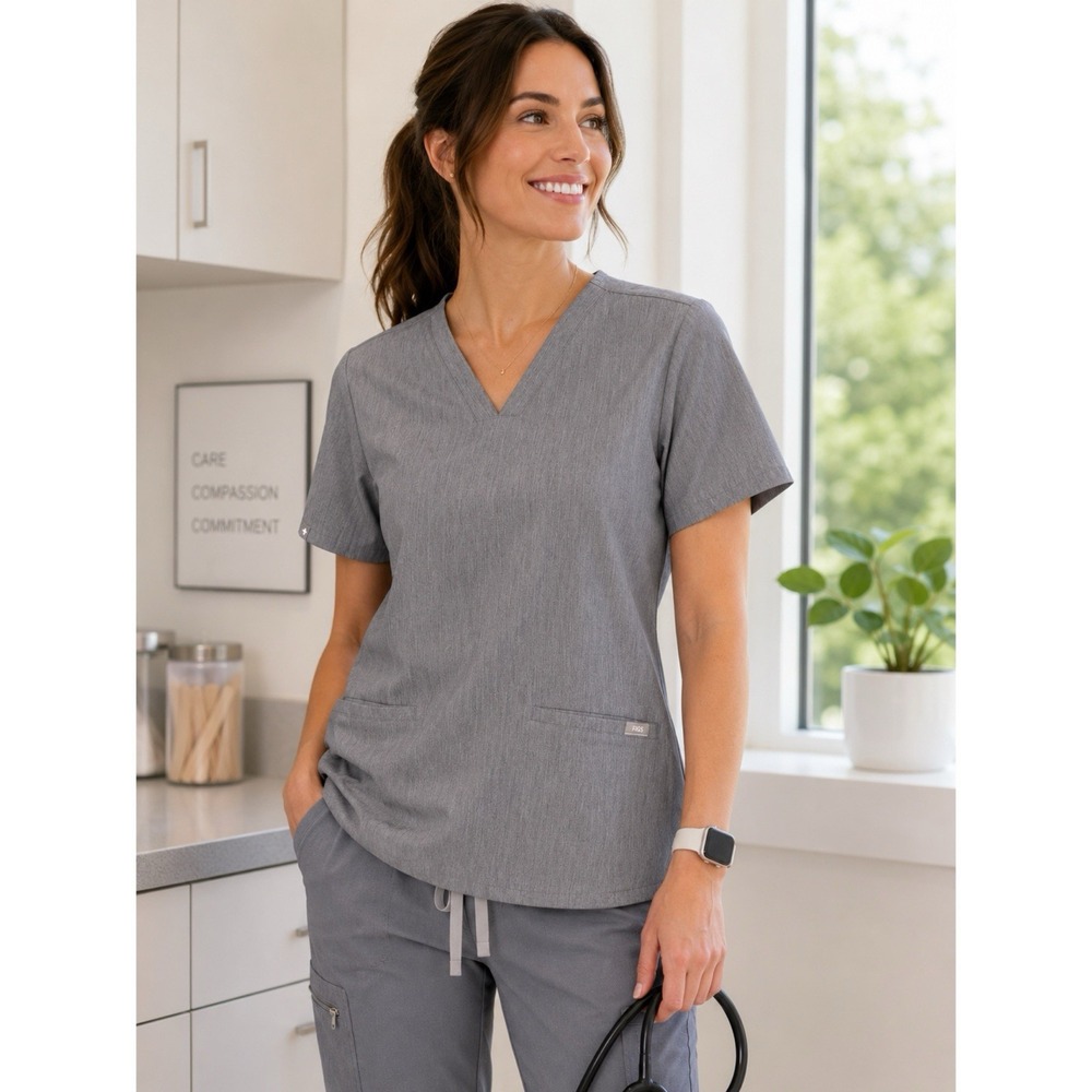 FIGS Technical Collection Gray Scrub Top Size Large V-Neck Medical MEASURE